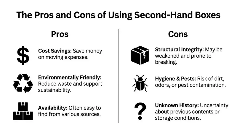 A comparison chart outlining the pros and cons of using second-hand cardboard boxes for moving.