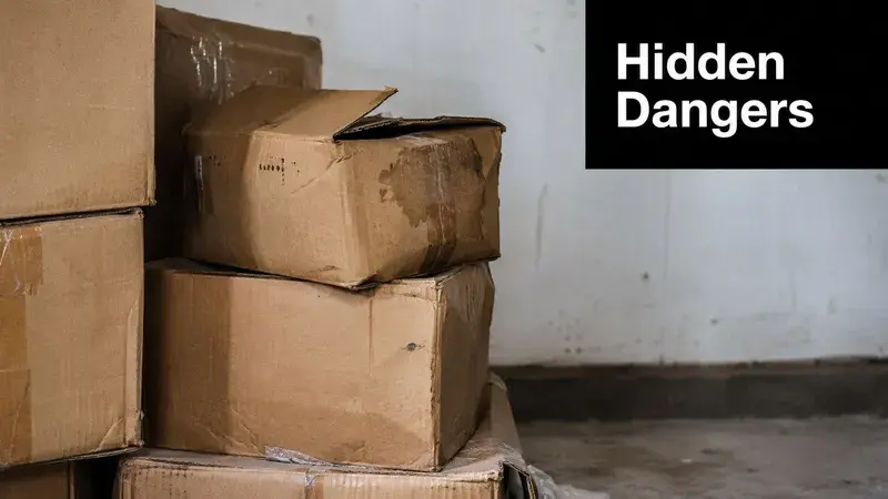 A stack of various used cardboard boxes sitting in a corner on a concrete floor.