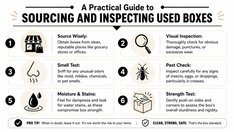An infographic titled A Practical Guide to Sourcing and Inspecting Used Boxes with six step-by-step safety tips.