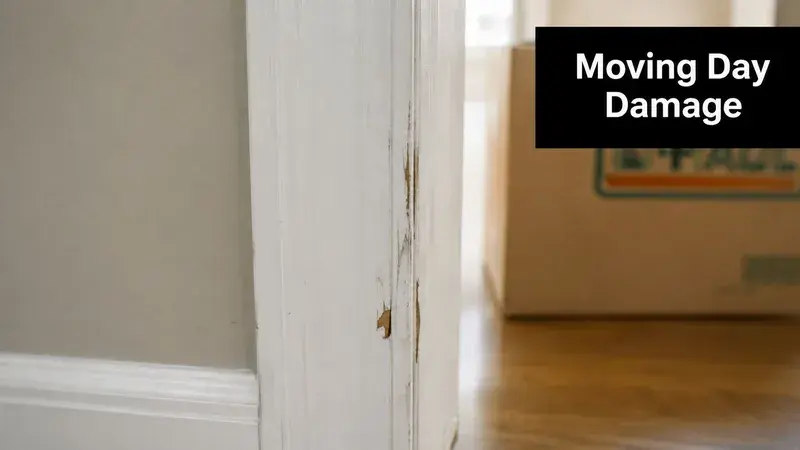 Close up view of damaged white paint on a wooden door frame caused by moving house equipment.