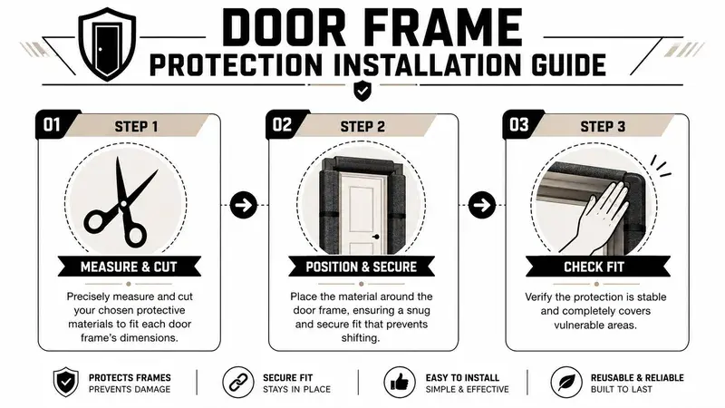 An instructional infographic detailing three simple steps to install door frame protection for home safety and damage prevention.