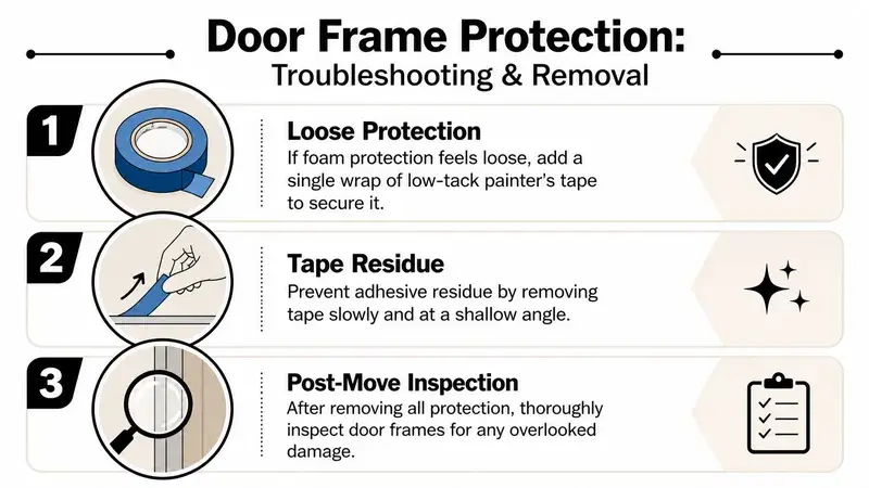 An infographic titled Door Frame Protection explaining troubleshooting steps for loose protection, tape residue, and post-move inspections.