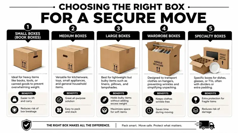 An infographic showing five different types of moving boxes and their specific uses for a secure move.