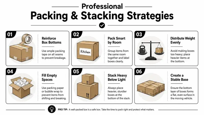 An infographic titled Professional Packing and Stacking Strategies offering six helpful tips for safely packing moving boxes.