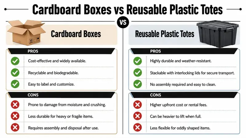 A comparison chart outlining the pros and cons of using cardboard boxes versus reusable plastic totes for moving.