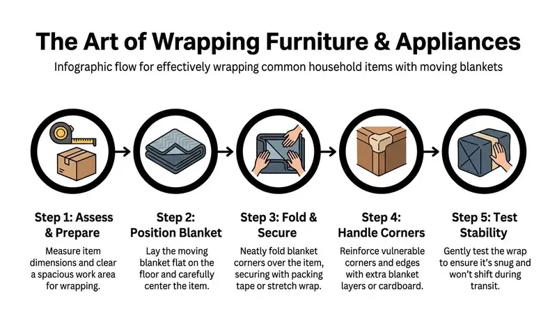 A five-step infographic showing how to wrap furniture and appliances for moving using protective blankets.