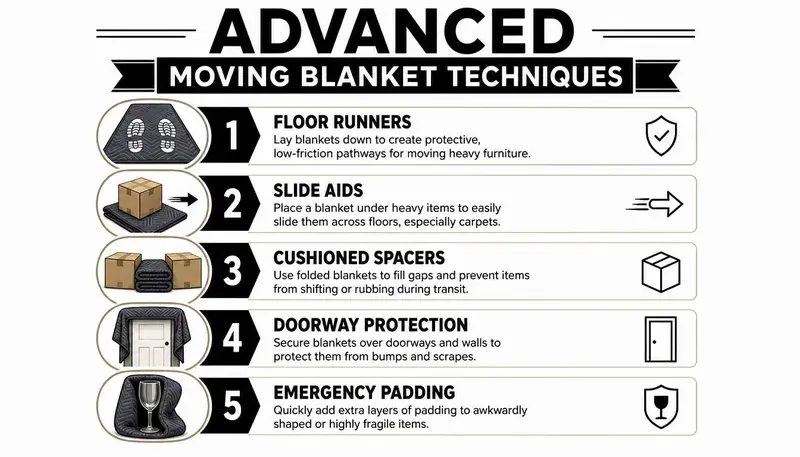 An infographic illustrating five advanced techniques for using moving blankets to protect furniture and floors.