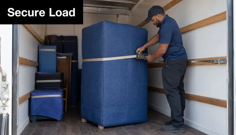 A professional mover secures a large wrapped item with a ratchet strap inside a moving truck.