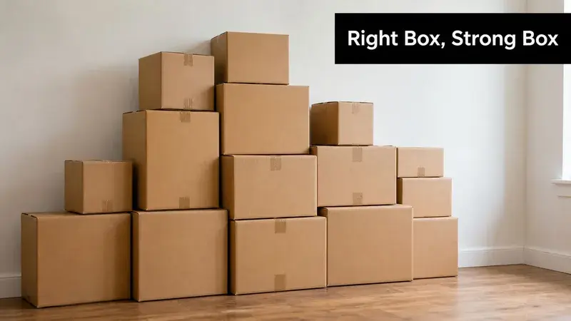 A stack of various sized brown cardboard moving boxes arranged against a plain white wall on wooden flooring.