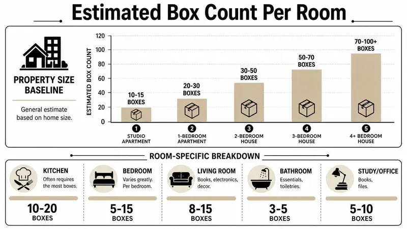 A chart estimating the number of moving boxes needed for different home sizes and specific rooms.