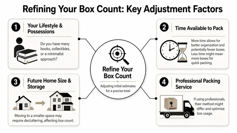 A diagram outlining four key factors to consider when estimating the number of moving boxes needed.