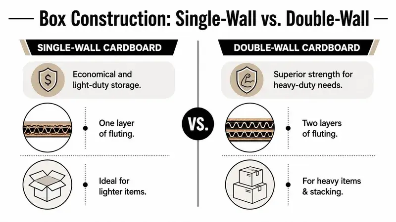 A comparison chart showing the differences between single-wall and double-wall cardboard box construction for storage needs.