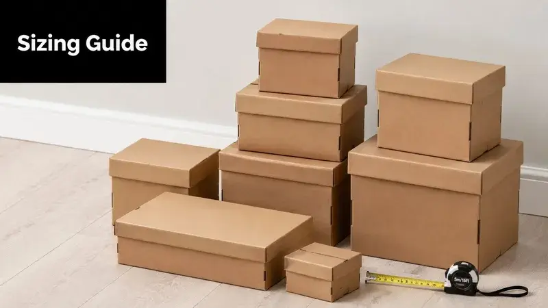 A stack of various sizes of cardboard storage boxes with lids arranged on a wooden floor.