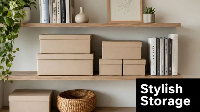 A wooden shelf with decorative cardboard storage boxes with lids, a plant, and books on display.