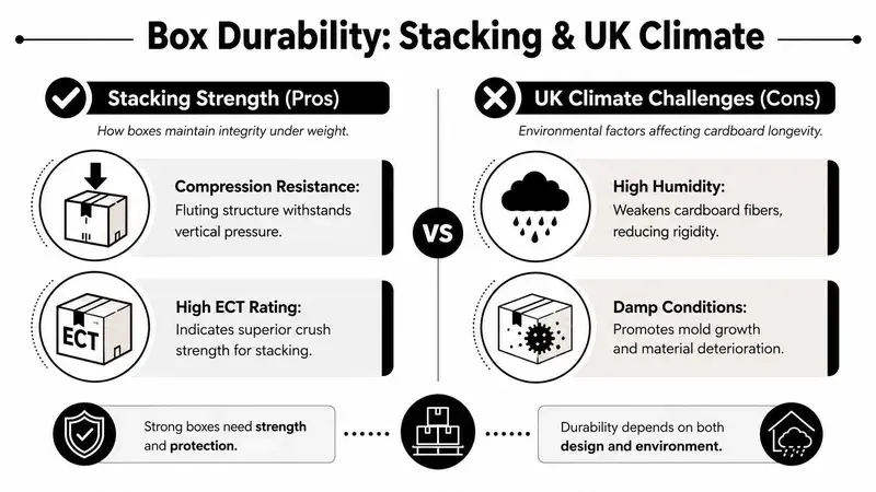 A comparison infographic showing cardboard box stacking strength versus UK climate environmental challenges like humidity.