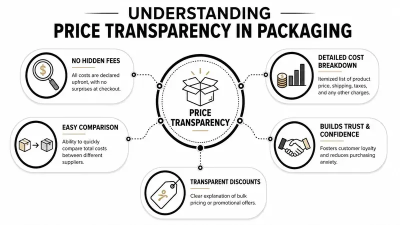 An infographic titled Understanding Price Transparency in Packaging outlining five key benefits for customer trust and clarity.