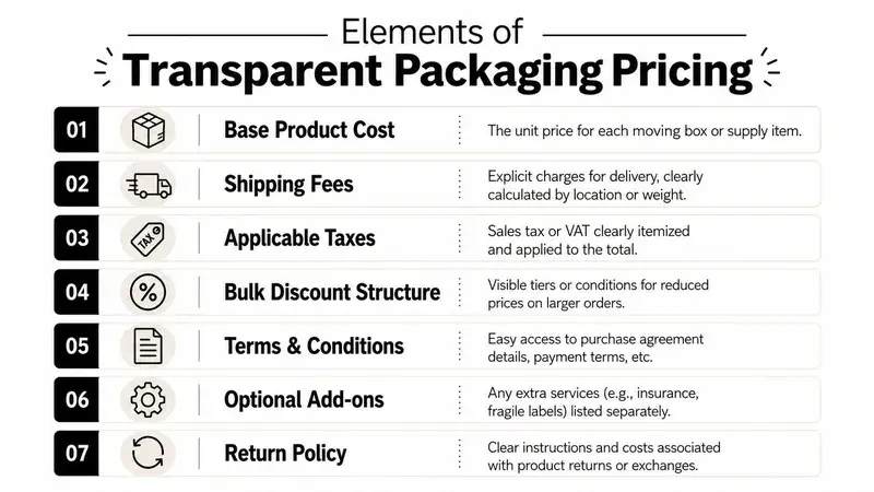 An infographic titled Elements of Transparent Packaging Pricing listing seven key factors for clear product pricing.