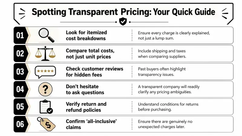 A six-step infographic guide explaining how to identify and verify transparent pricing practices when purchasing products.