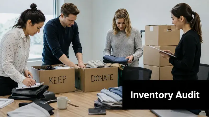 A diverse group of office colleagues sorting and organizing clothes into boxes marked keep and donate