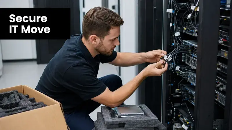 A professional technician carefully manages server cables during an IT equipment relocation project in a data center.