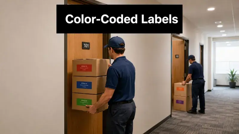 A professional delivery worker carrying a stack of cardboard boxes with color-coded labels in an office hallway.