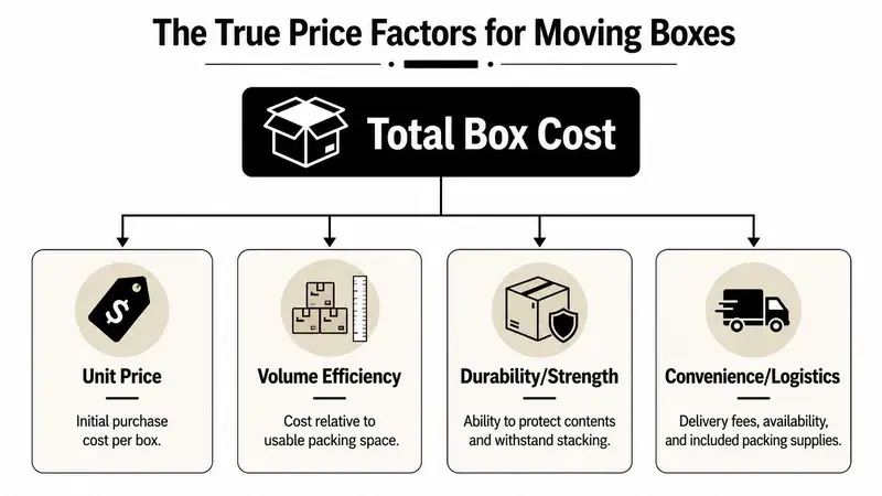 An infographic detailing the four key factors that contribute to the true total cost of moving boxes.
