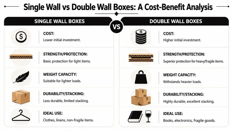 A comparison chart outlining the cost, strength, capacity, durability, and usage of single vs double wall boxes.