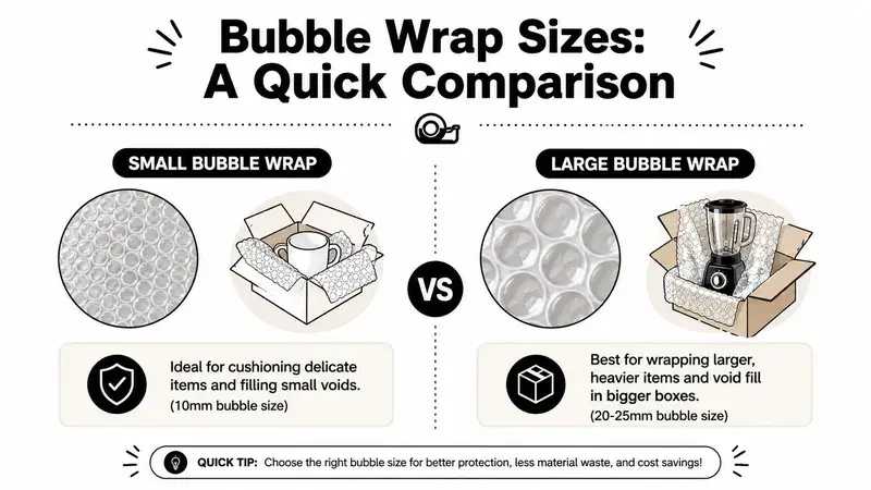 An infographic comparing small and large bubble wrap sizes for protecting delicate and heavy items during shipping.