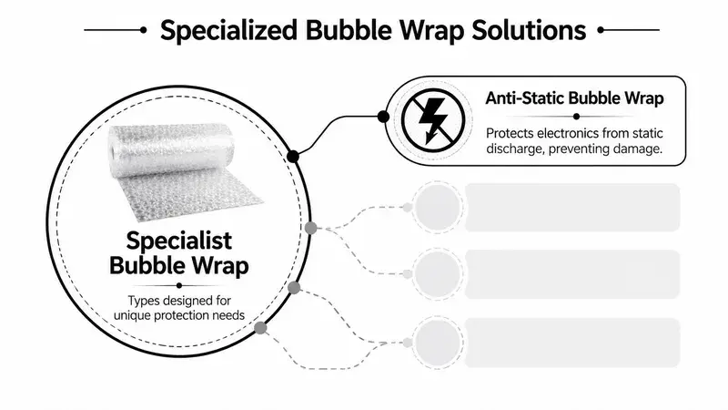 A diagram illustrating various specialized bubble wrap types, featuring anti-static protection for electronic components and equipment.