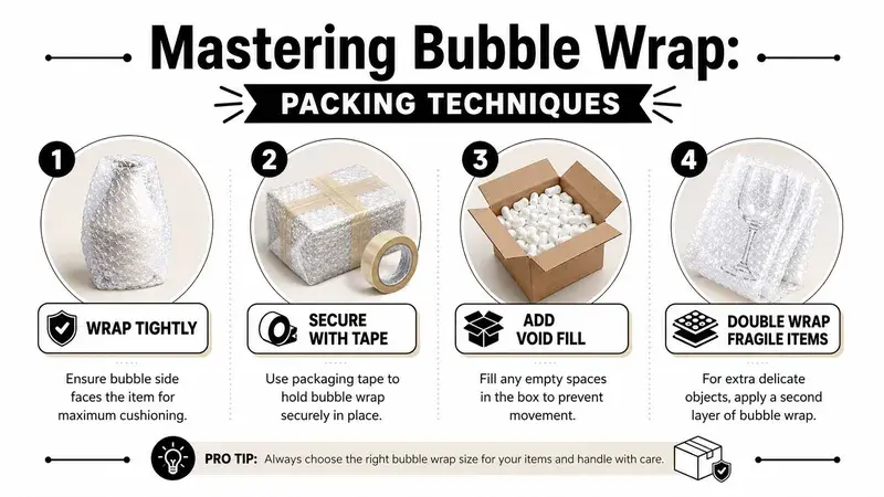 An infographic titled Mastering Bubble Wrap showing four numbered steps for safely packing items with bubble wrap.