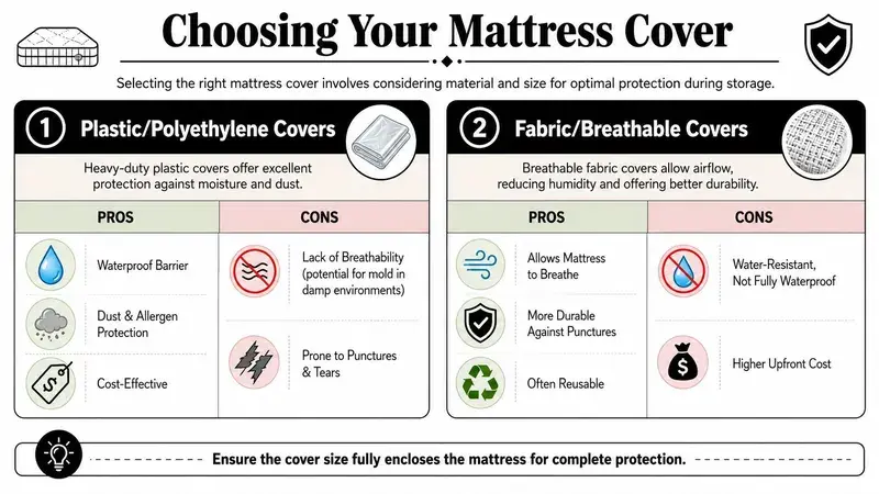An infographic comparing plastic and fabric mattress covers, outlining pros and cons for storage protection.