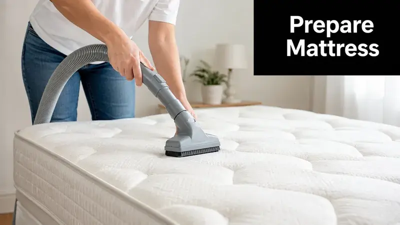 A person using a vacuum cleaner attachment to clean a white mattress before placing it in storage.