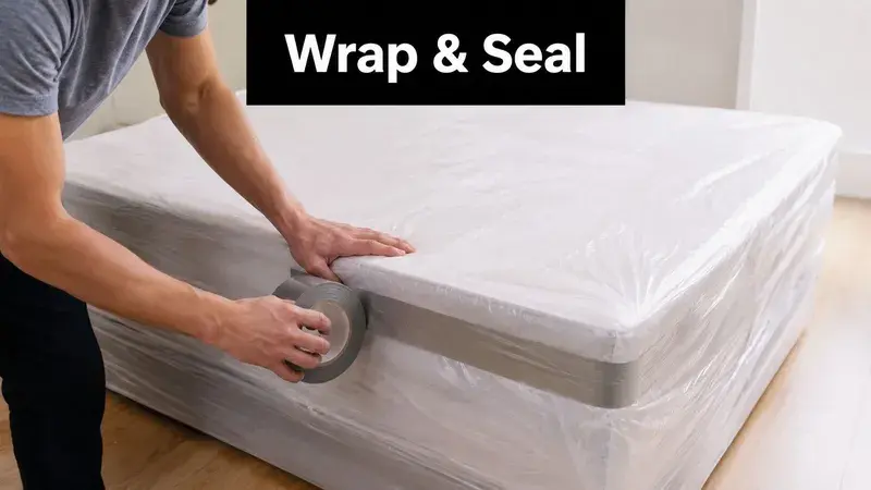 A person wrapping and sealing a plastic-covered mattress with duct tape for secure storage.