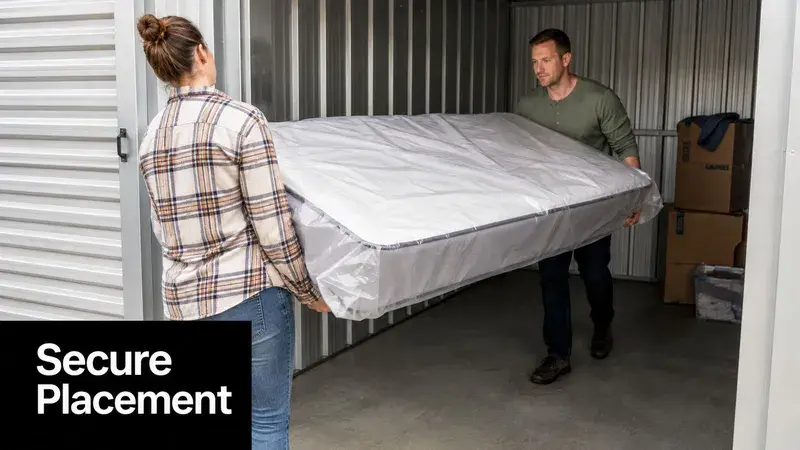 A couple carrying a mattress wrapped in plastic into a secure self-storage unit for safekeeping.