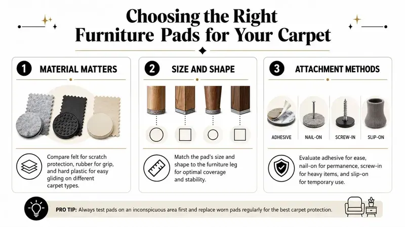 An infographic titled Choosing the Right Furniture Pads for Your Carpet explaining materials, shapes, and attachment methods.