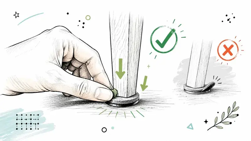 A hand correctly applying a furniture pad to the bottom of a wooden furniture leg on the floor.