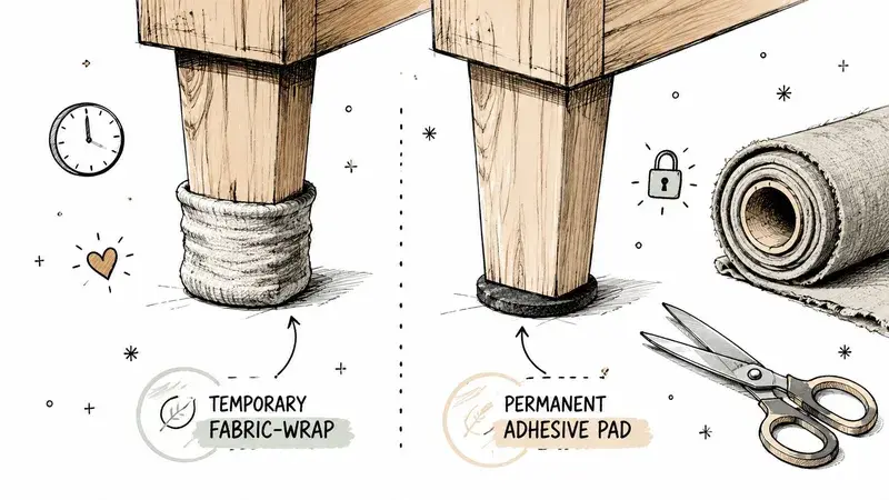 Comparison of a temporary fabric furniture wrap versus a permanent adhesive pad for carpet protection.