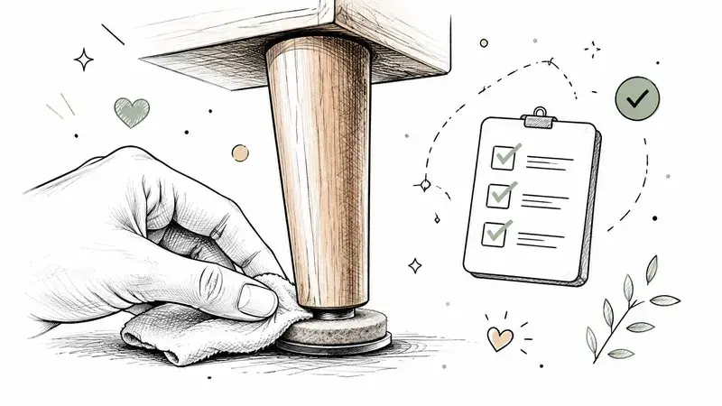 A hand wiping a table leg with a furniture pad attached, showing a completed checklist nearby.