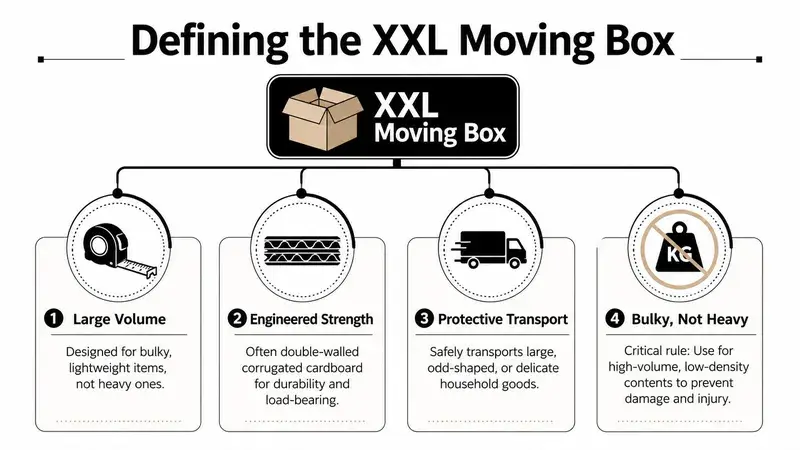 An infographic defining the key characteristics of an XXL moving box, emphasizing volume, strength, and proper usage.