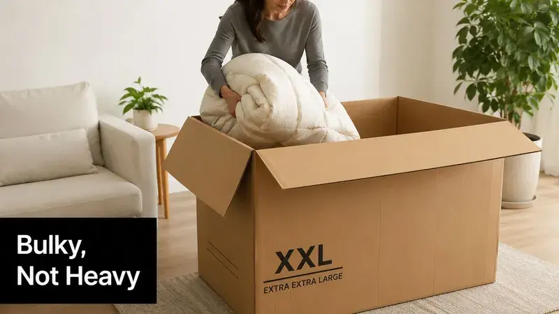 A person placing a bulky white duvet into a large empty cardboard box marked XXL.