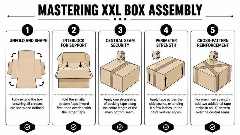A five-step infographic showing instructions for properly folding and taping an XXL cardboard shipping box.