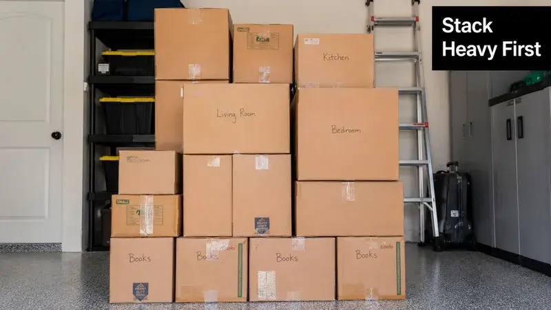 A stack of various labeled moving boxes organized by weight in a garage with a ladder nearby.