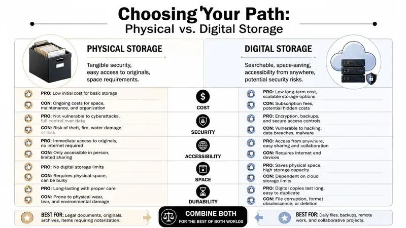 A comparison chart outlining the pros and cons of physical versus digital document storage solutions.