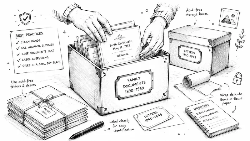 A line drawing illustration showing a person organizing family documents into archival-quality storage boxes with labels.