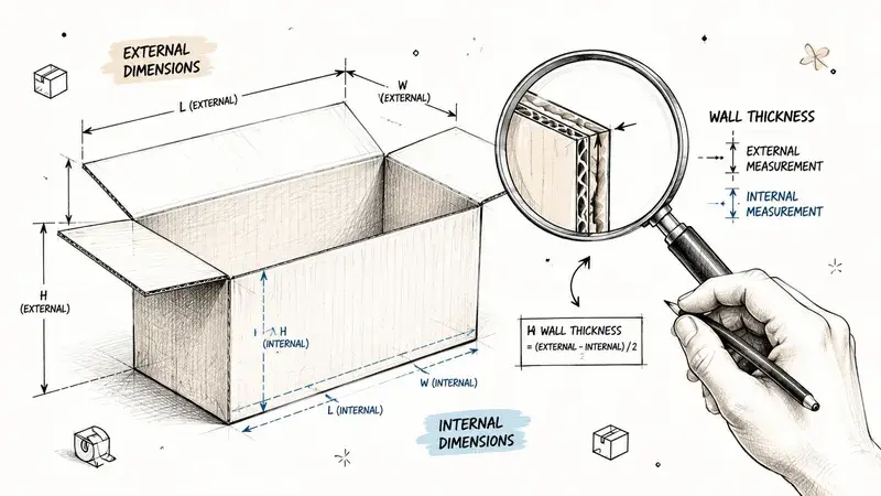 A diagram illustrating the difference between external and internal dimensions of a corrugated cardboard box.