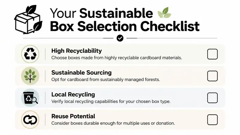 A checklist for selecting sustainable, eco-friendly cardboard packaging boxes for shipping and storage purposes.