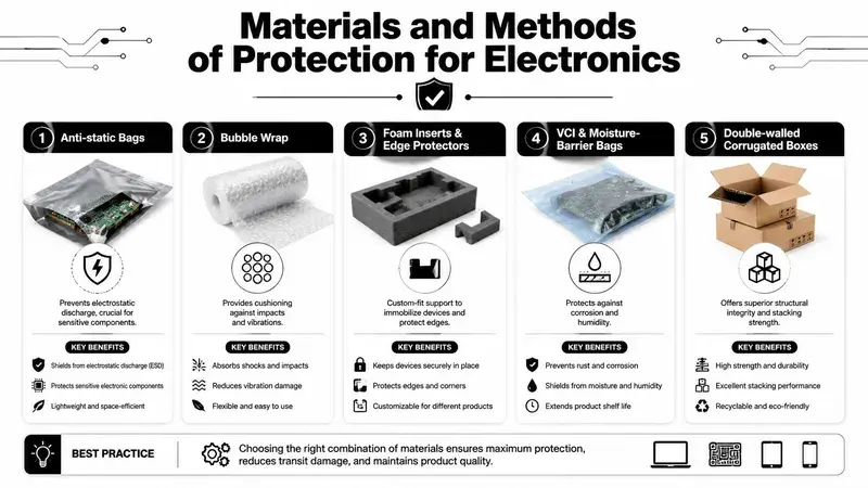 An infographic detailing five effective materials and methods for protecting electronic devices during shipping and storage.
