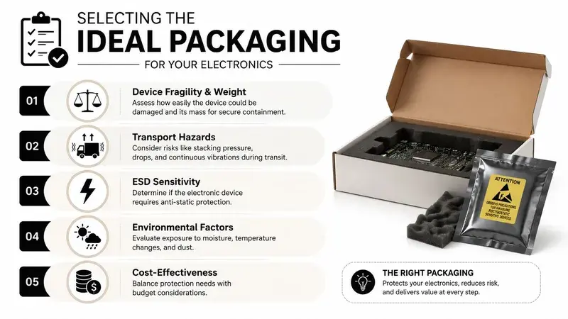 An infographic showing five key factors for selecting protective packaging for electronics, including fragility, hazards, and cost.