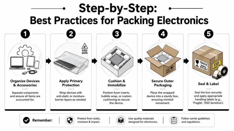 A five-step guide on how to safely pack electronic devices for shipping using protective materials and labels.