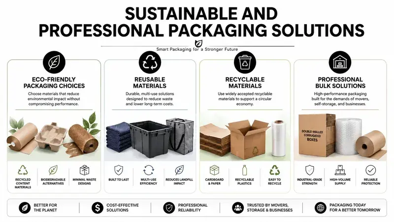 A visual guide presenting sustainable and professional packaging solutions for businesses, including eco-friendly, reusable, and recyclable options.